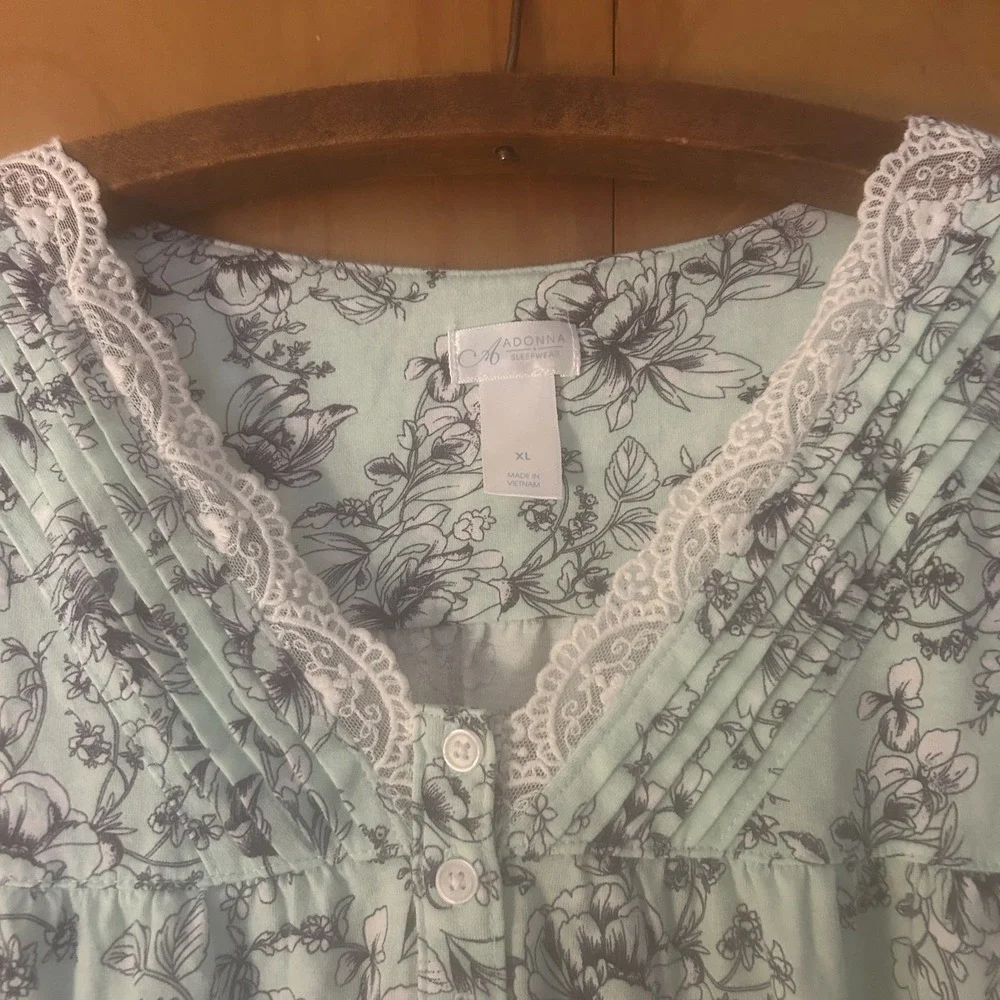 Adonna Nightgown Size XL Mint Green Lace Trim Floral Midi Cottagecore Modest